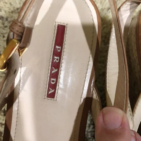 PRADA tan leather sandals, worn twice, 3-4” wedge heel - Picture 2 of 4